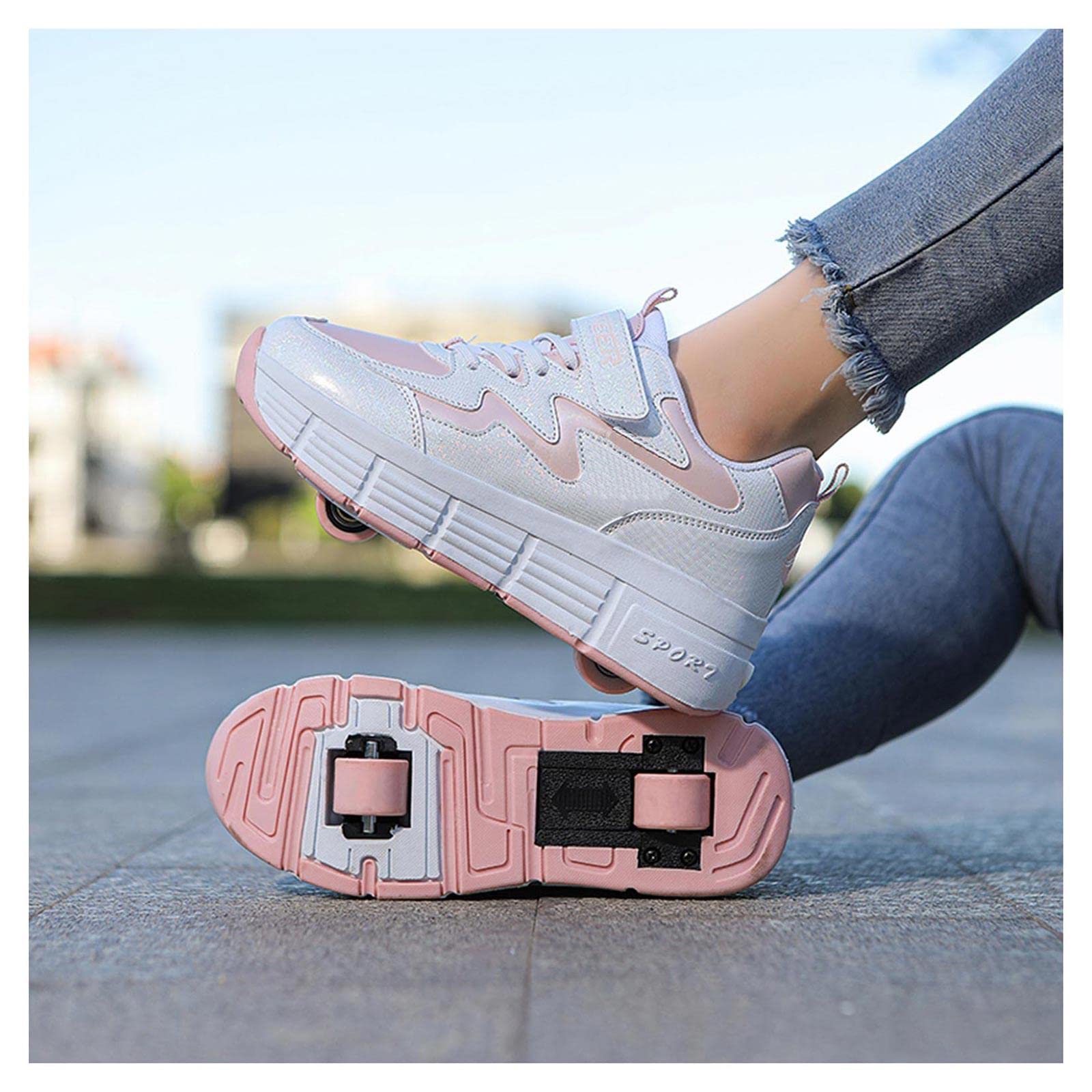 ZEDDG Schuhe Mit Rädern Rollschuhe Kinder Einziehbares Skateboard Schuhe Sportschuhe Jungen Mädchen Schuhe Mit Rollen,Pink-EU37/23.5cm