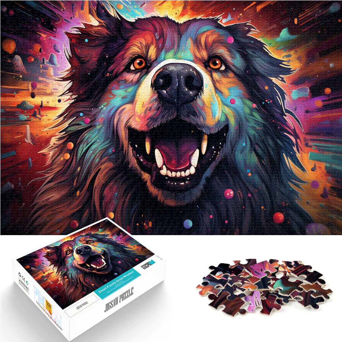 Puzzle für Fantasie, bunter Schäferhund, 1000-teiliges Puzzle für Erwachsene, Holzpuzzle zum Stressabbau, schwierige Herausforderung, 1000 Teile (50 x 75 cm)