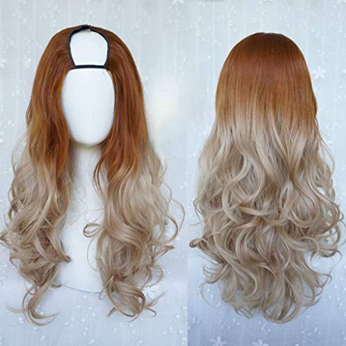 LINLINCD-Harajuku Fashion Long Wavy Curly Fluffy U-Shaped Wigs Heat Resistant Synthetic Fiber Ombre Mixed Gradient Dark Roots Hair for Girls 28inches/ 70cm