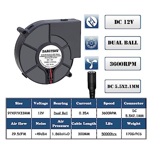 Kreiselgebläse, Luftbeweger, 97 Mm Turbo-Gebläse, 12 V DC-Buchse, 97 X 94 X 33 Mm, Zentrifugal-Lüfter Mit Netzteil, Einstellbare Geschwindigkeit für die Belüftung von Industrie, Haushalt(9733 Blower)