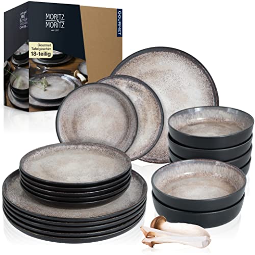 Moritz & Moritz Geschirrset 6 Personen aus Keramik - Tafelservice Schwarz Beige - 6x Speise-Teller, 6x Suppen-Teller, 6x Frühstücks-Teller