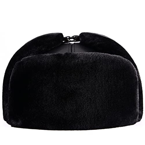 ZHOUXIAO Winter Lederhut Aviator Hut Ohrlappen, Unisex Winddichte wasserdichte Mütze Echte Lederhüte Bomber Trapper Hut,warme Jagd Hut Russian Kunstpelz Trooper Hut, Geschenk black-60-61CM