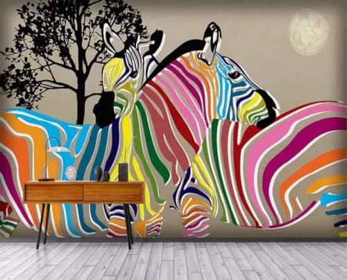 Süßes Paar Zebras Bunte Bäume Mond 3D Tapete Poster Restaurant Schlafzimmer Wohnzimmer Sofa TV Dekorative Wand-150cm×105cm