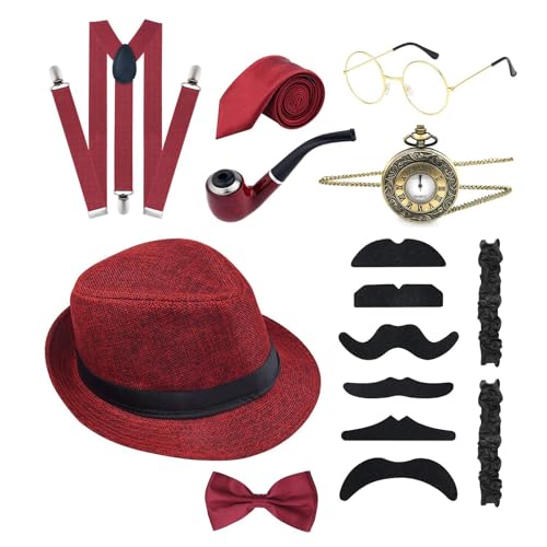 LARUISEE Modisches Gangster-Kostüm, 1920er-Jahre-Rollenspiel-Kostüm, Outfit mit Taschenuhr, Schnurrbärte, Fliege, Abschlussball, Partyzubehör, Hochzeitszubehör