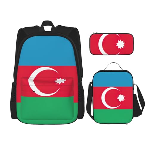 WURTON Schulterrucksack, Motiv: Flagge von Aserbaidschan, 3-in-1, Büchertaschen-Set, Lunchbox, Federmäppchen, Reisen, Laptop, Tagesrucksack, Schwarz, Einheitsgröße, Schwarz , Einheitsgröße