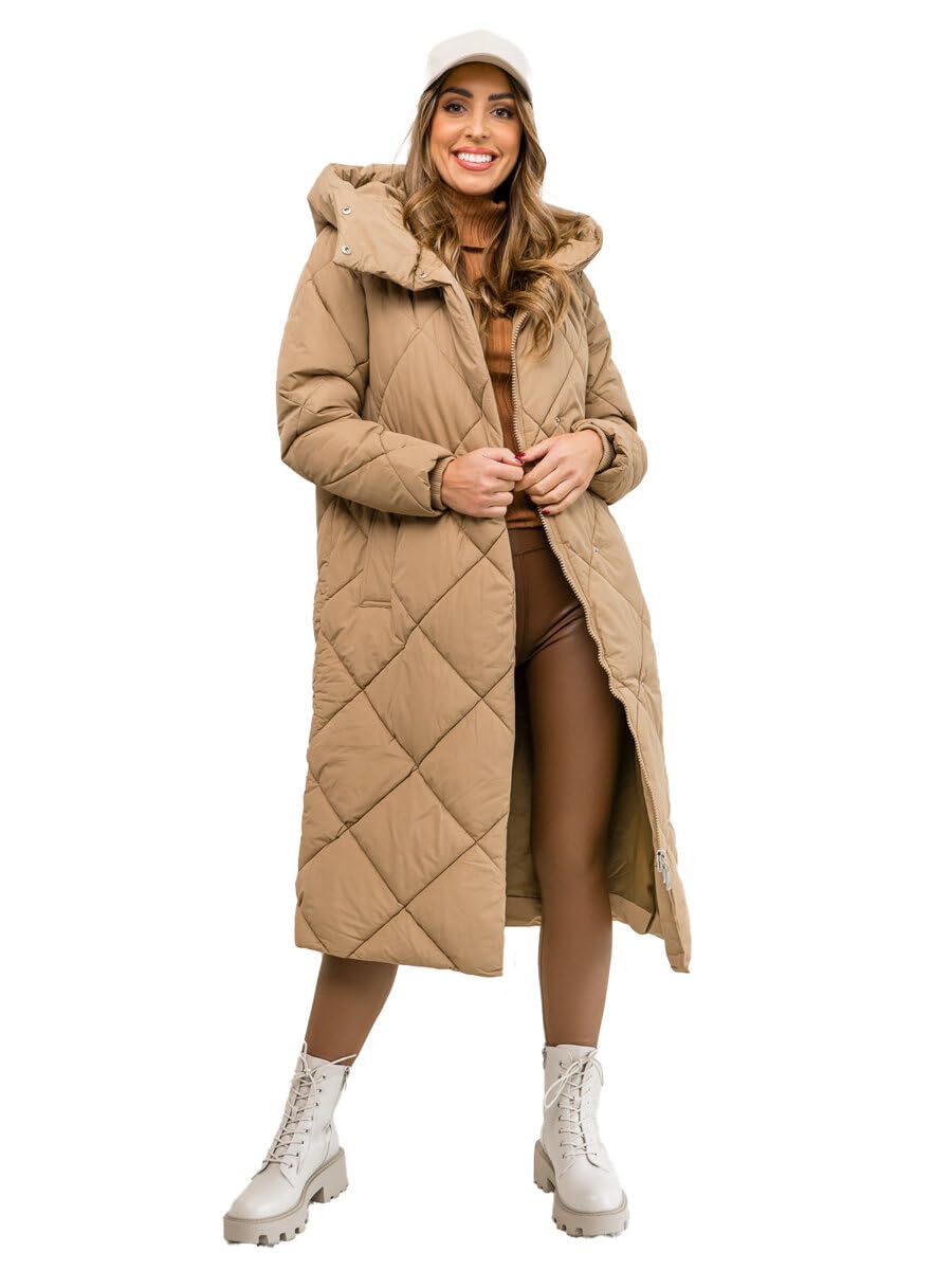 BOLF Damen Winterjacke Parka Gefüttert mit Kunstfell Kapuze Wintermantel Lange Steppjacke Daunenjacke Puffermantel Sportjacke Warm Gefüttert Freizeit Outdoor Casual Style 5M3173 Camel L [D4D]