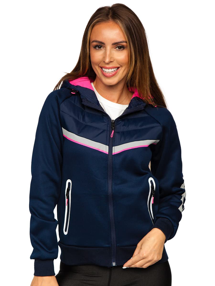 BOLF Damen Übergangsjacke Steppjacke mit Kapuze Daunenjacke Reißverschluss Sportjacke Zip Wärme Freizeit Outdoor Basic Casual Style J.STYLE KSW4012 Dunkelblau S [D4D]