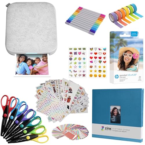 HP Sprocket 3x4 Instant Photo Printer - Kit: 20 Pack Zink Papier, Schere, Scrapbook Album, Marker, Sticker Sets