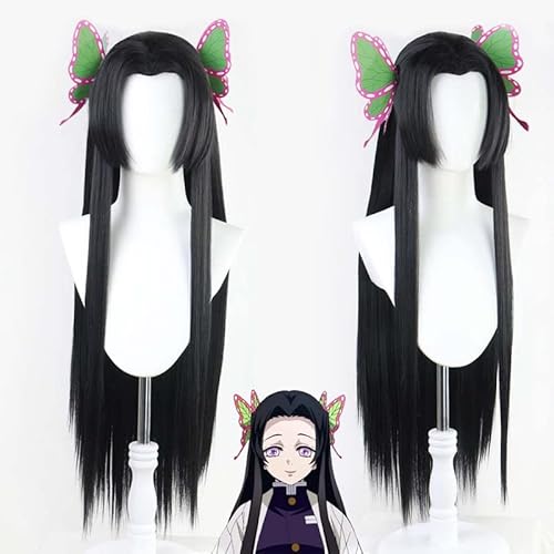 JGZGCG Kochou Kanae Perücke Anime Dämon Slayer Cosplay Kimetsu keine Yaiba Perücke Schwarz Lange Haare Schmetterling Headwear Frauen Halloween Perücken Requisiten