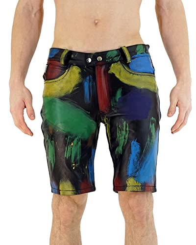 Bockle® Gay Shorts Flag Lederhose Herren Echte Lederhose Leder Shorts Pants Kurze Lederhose, Size: 36W / 32L