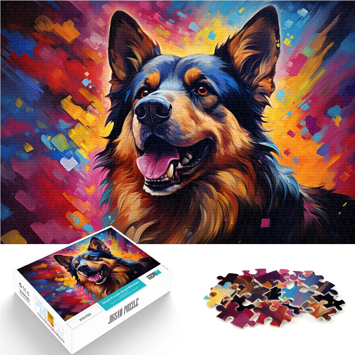 Puzzle für farbenfrohe, psychedelische Kunst Deutscher Schäferhunde, 1000-teiliges Puzzle für Erwachsene, Holzpuzzle, anspruchsvolles Spiel, Geschenke, 1000 Stück (50 x 75 cm)