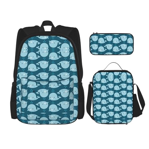 Cartoon-Wal-Hintergrunddruck, Schulterrucksack, 3-in-1-Büchertaschen-Set, Lunchbox, Federmäppchen, Reisen, Laptop, Tagesrucksäcke, Schwarz, Einheitsgröße, Schwarz , Einheitsgröße