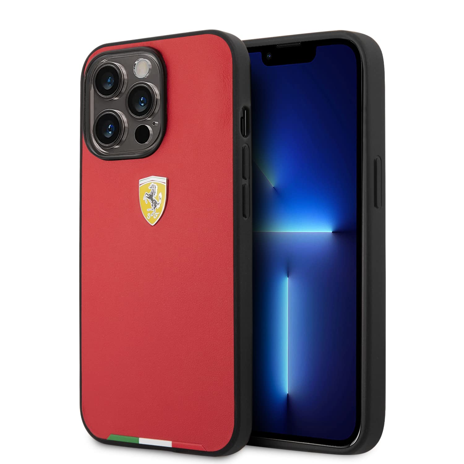 CG MOBILE Ferrari Handyhülle für iPhone 14 Pro Max in Rot mit italienischer Flaggenlinie, PU-Leder-Schutzhülle und strapazierfähigem Case mit einfachem Schnappverschluss, Stoßdämpfung und