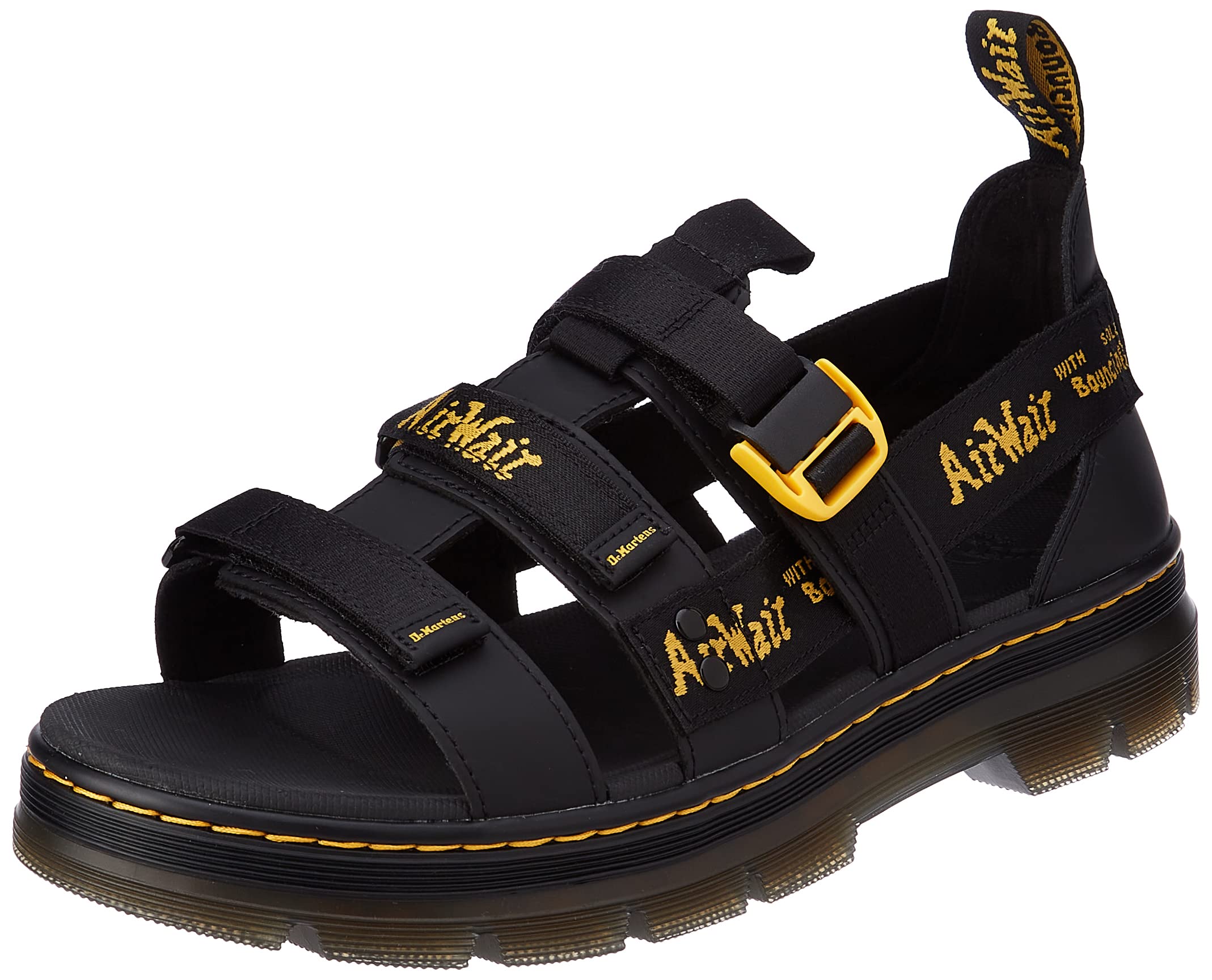 DR. MARTENS Unisex Pearson II Sandals, Black Lustre Coated Leather & Black/DMS Yellow Airwair Webbing, 41 EU