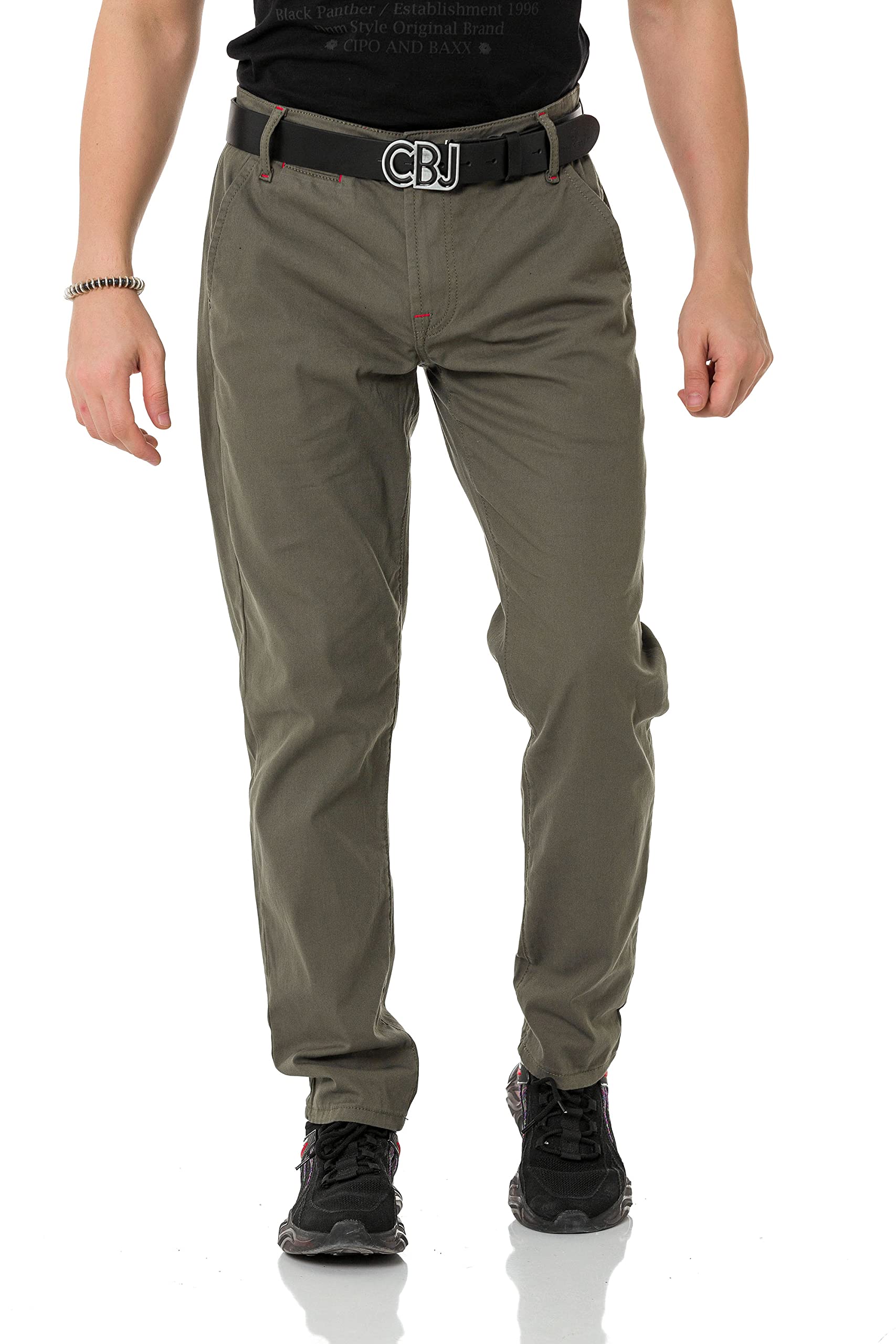 Cipo & Baxx Herren Chinohose Stretch Basic Baumwolle Slim Fit CD842 Khaki W42 L32