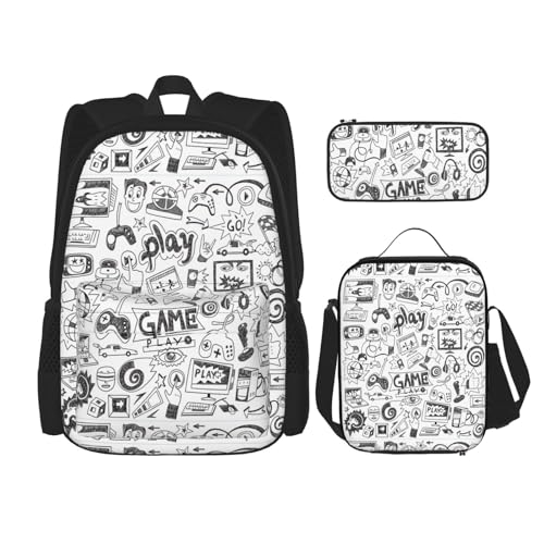 WURTON Videospiel Jungen Druck Reise Lunchbox Federmäppchen Rucksack Set 3 Stück Verstellbare Träger Leicht, Schwarz, Einheitsgröße