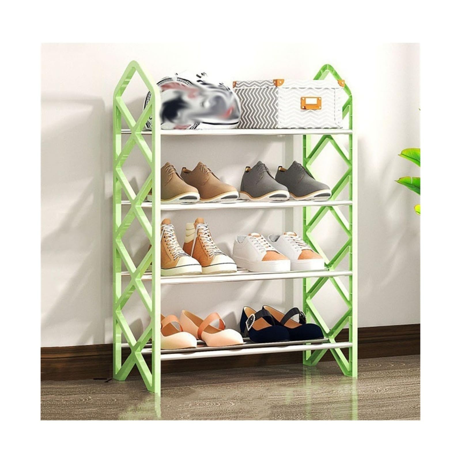 Platzsparender Schuhschrank Freistehendes Schuhregal, 4-stufiges Schuhregal mit Stahlrohrrahmen, kompakter Schuhständer-Organizer for Eingangsbereich, Flur, Wohnzimmer Schuhaufbewahrung(Green)