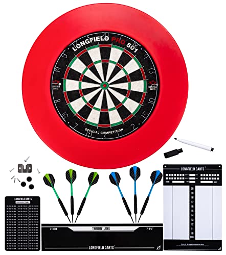 Engelhart - Dartscheiben-Set: Sisal-Dartscheibe, Surround-Ring, 6 Pfeile (Rot + Anzeigetafel + Kasse + Wurflinie)