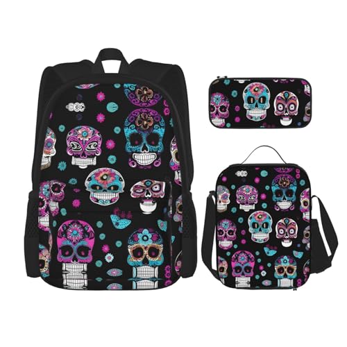 WURTON Bunte Totenkopf-Druck-Reise-Lunchbox-Federmäppchen, Rucksack-Set, 3-teilig, verstellbare Riemen, leicht, Schwarz, Einheitsgröße