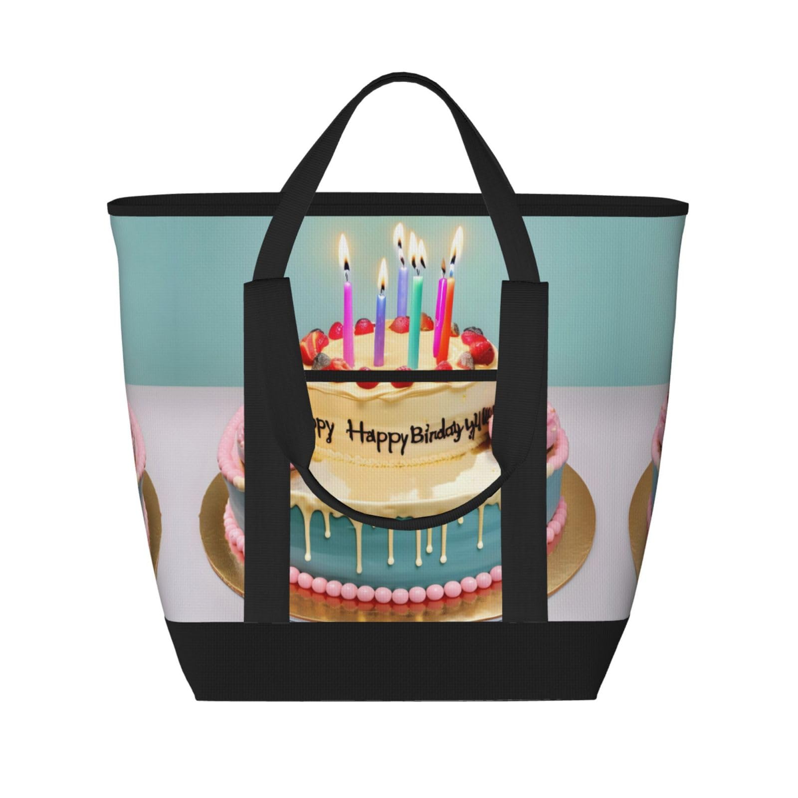 YQxwJL Isolierte Kühltasche, Einkaufstasche, Einkaufstasche, Motiv: "Happy Birthday", großer Kuchendruck, große Kapazität, wiederverwendbare Einkaufstasche für Erwachsene, Schwarz, Einheitsgröße