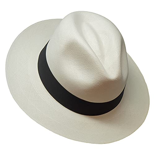 Borges & Scott Der Japura - Signatur Fedora Panama Hut - Weiß mit schwarzem Band - Rollbarer und ultraleichter echter Panama Hut - 62cm
