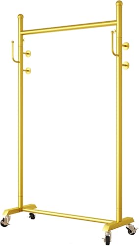 Stilvoller Kleiderständer mit Rollen, freistehende Kleiderstange mit seitlichen Haken, rollender Kleiderorganizer für Schlafzimmer, Waschküche, Tragfähigkeit 176 Pfund, Gold, 120 x 35 x 165