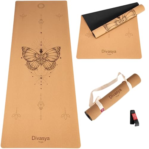 DIVASYA Premium Yogamatte Kork rutschfest: aus Naturkautschuk rutschfest & Kork, natürlich & nachhaltig, großzügige Maße (183x66x0,4cm), Yoga Matte Kork rutschfest, Tragegurt, schadstofffrei