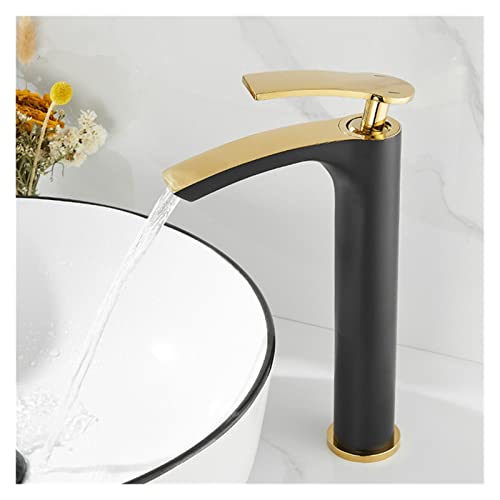 Waschbecken-Wasserhahn, moderner Badezimmer-Mischbatterie, Schwarz/Gold, Waschbecken-Wasserhahn, Einhebelmischer, heißer und kalter Wasserfall-Wasserhahn(Black and Gold T)