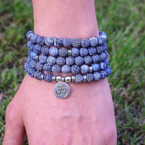 Damen Herren Schmuck 8mm Naturstein Perlen Tibetan Charm Strang Armband 108 Perlen Mala Yoga Chakra Armband oder Halskette,Lotus