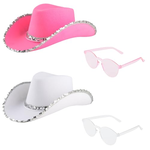 DASHUAIGE Cowgirl-Hüte, 2 Paar Brillen, Western-Thema, Junggesellinnenabschied, Kostüm, Zubehör für Damen, Festival, Cowboy-Kostüm, Zubehör (2, Rosa/Weiß, 38 x 30 x 13 cm)