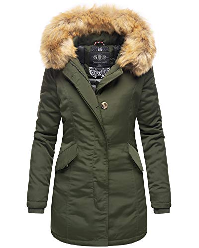 MARIKOO Damen Winter Jacke Stepp Parka Mantel Winterjacke warm gefüttert Kunstpelz KARMAA XS-XXL (M, Olive)