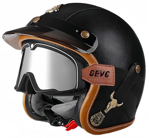 3/4 Vintage Helm Retro Motorradhelm Erwachsene Halbhelm ECE Approved Vintage Für Männer Und Frauen Mit Schutzbrille Offenes Gesicht Mopedhelm D,M54-56CM