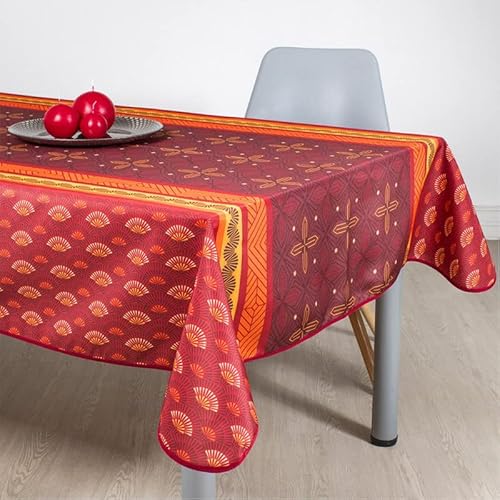 Villages de Provence Rechteckige schmutzabweisende Tischdecke - Faltenbeständig und 100% Polyester - Rot - 300x150 cm - Zazou - 8/10 Besteck - Innen oder Außen - Esstisch, Küche oder Garten