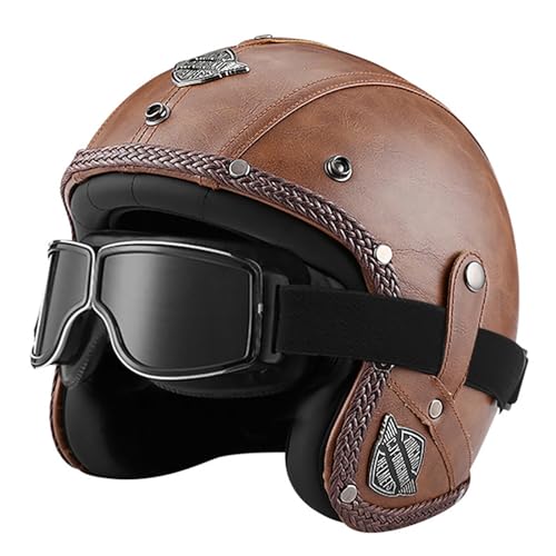 Motorradhelm, Halbhelm Retro Harley Lederhelm Mofa-Helm Motorradhelm 3/4-Helm Jethelm Vintage-Pilotenhelm ECE Zertifiziert Cruiser Chopper Roller mit Schutzbrille,J-M=(57~58cm)