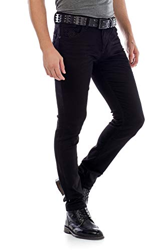 Cipo & Baxx Herren Jeans Hose Crinkle-Effekt Denim Slim Fit Schlicht Jeanshose Design Röhrenjeans W38 L34 Black