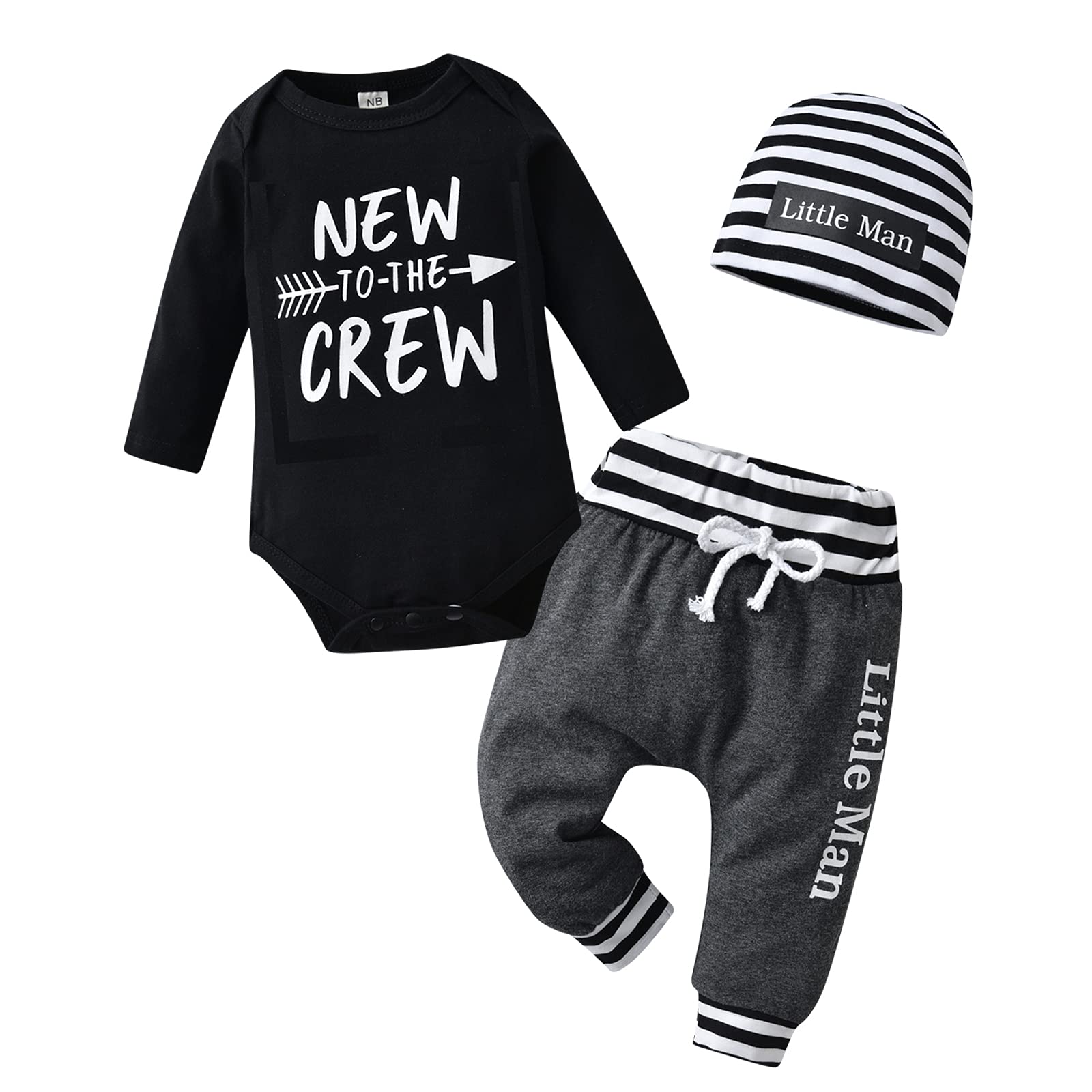 Tinykeke Neugeborenes Baby Jungen Kleidung Langarm Strampler New to The Crew Tops + Hut + Hose 3 tlg Babykleidung Set (0 Monate)