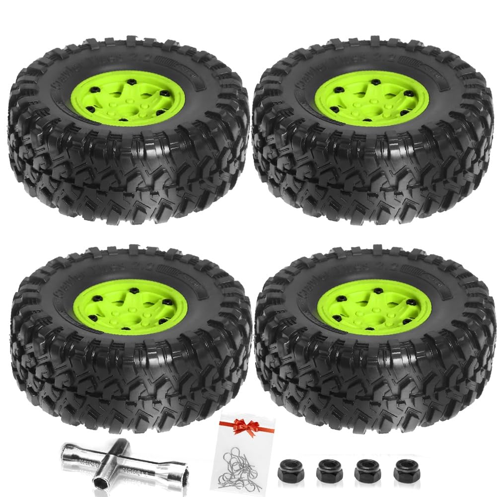 Pcivzxam 135 mm Metall 2,2 Beadlock Felgenreifensatz für 1/10 RC Crawler Car Axial SCX10 Wraith RR10 Capra TRX4 YK4082, Grün