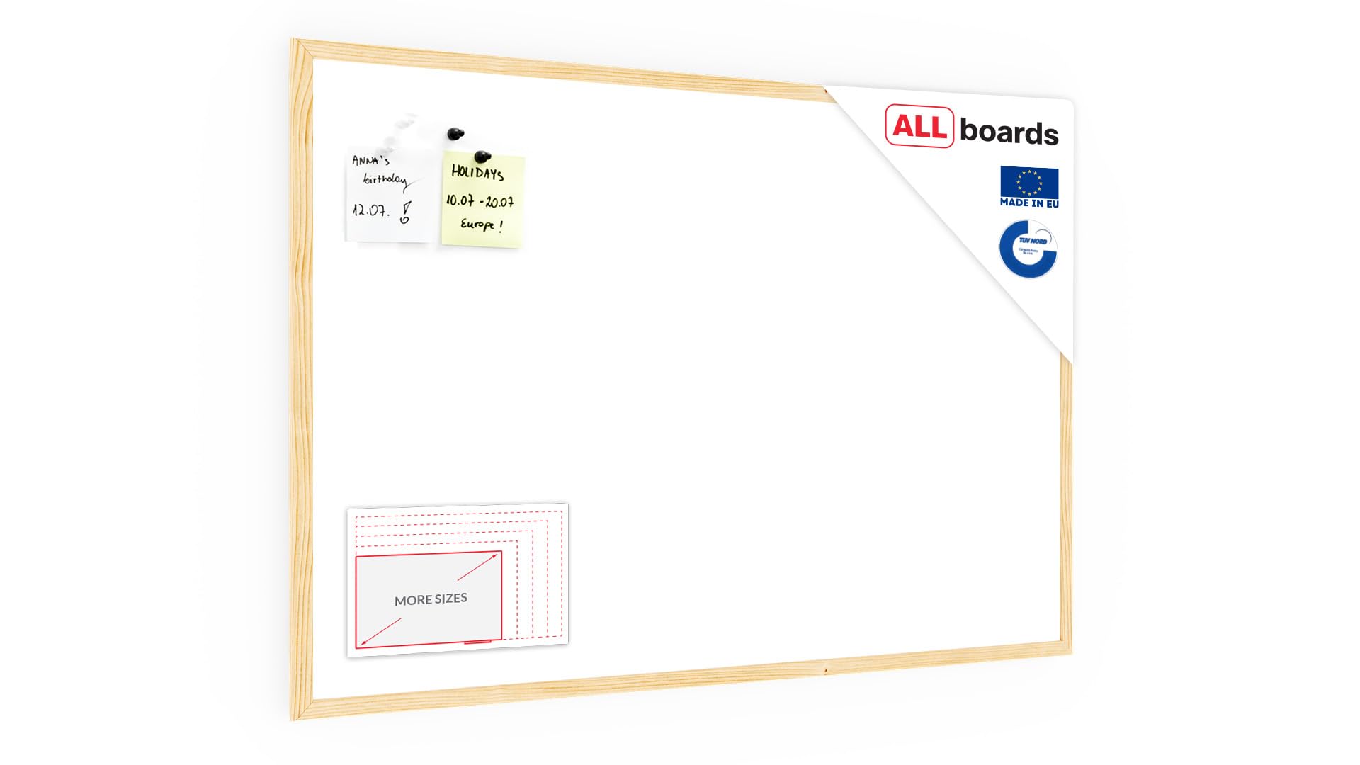 ALLboards Whiteboard mit Holzrahmen 90x60cm Magnettafel Weiß Magnetisch, Trocken Abwischbar