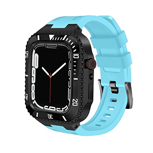 TONECY Mod-Kit für Apple Watch 8, 7, 6, 5, 4, 3 SE, Metalllünette und Gummi-Uhrenarmband, Edelstahlgehäuse für iWatch Serie Band 7, 45 mm, 44 mm, 42 mm (Farbe: Blau-Schwarz, Größe: 44 mm)