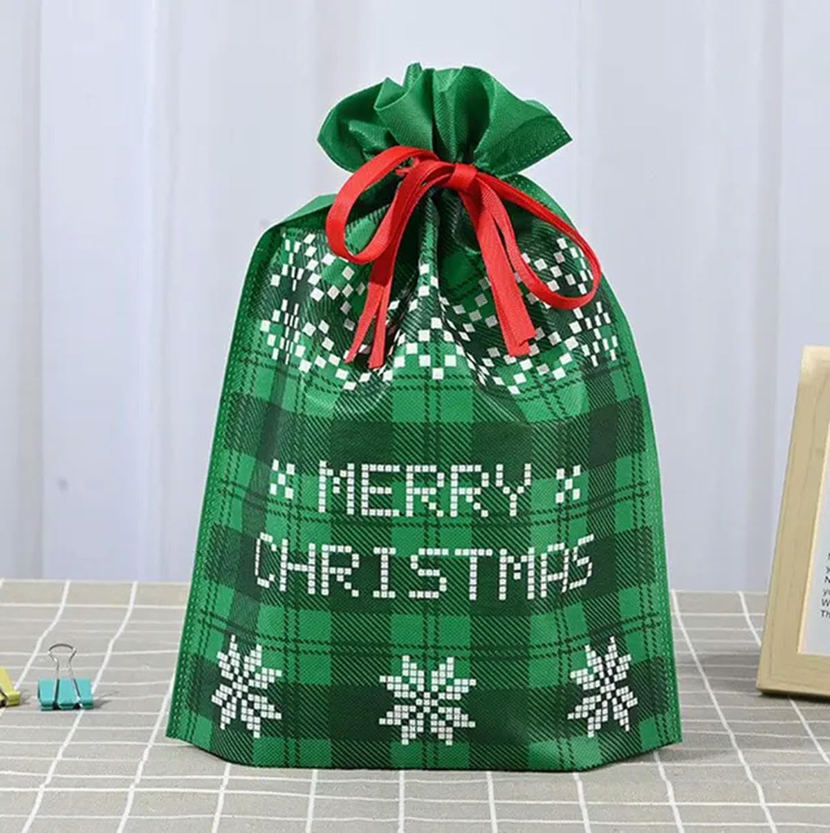 2 Stück 27 x 36 cm Kordelzug, Frohe Weihnachten, Weihnachtsmann, Geschenktüten, große Waren, Kekse, Süßigkeiten, Verpackungsbeutel für Weihnachten, grün, 2 Stück, 27 x 36 x 8 cm