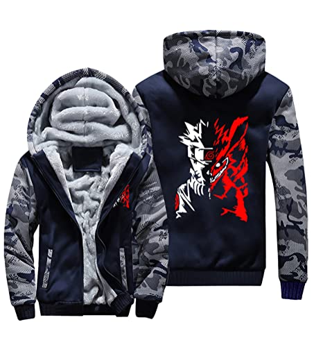 QYIFIRST Herren Damen Anime Hokage Uzumaki Rikudousennin Ninetales Daunenjacke Fleece Warme Thermojacke Gefütterte Schneefeldjacke Reißverschluss Strickjacke Mantel Cosplay Kostüm Blau-C EU L