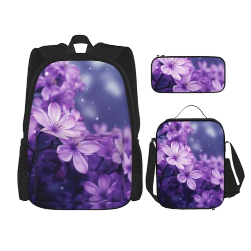 DENMER Mehrzweck-Schulranzen mit passendem Federmäppchen und Lunchtasche, Set - Ihre stilvolle All-in-One-Lösung, Blühende violette Blumen, Einheitsgröße