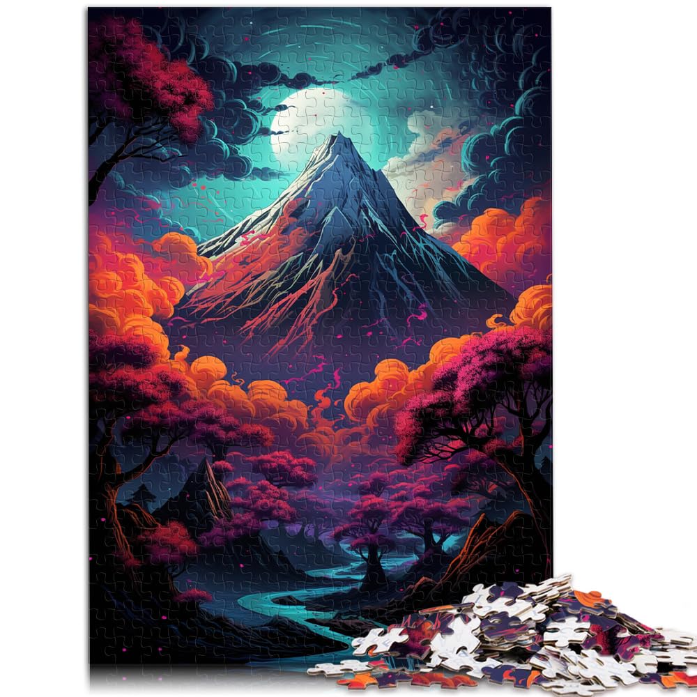 Puzzle für Puzzle EIN Gemälde eines Berges hinter Bäumen in der Nacht. 1000-teiliges Puzzle. Holzpuzzle. Anspruchsvolles, schwieriges Puzzle. 1000 Teile (50 x 75 cm)