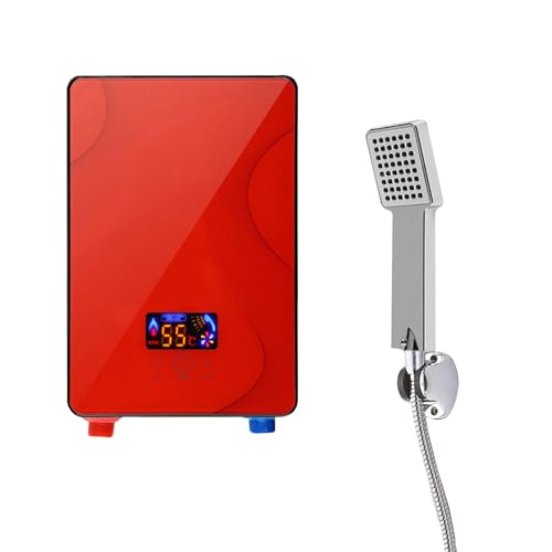 Elektrisch Durchlauferhitzer, 6500W 220V Instant Warmwasser Badezimmer Dusche, Badezimmer Elektrischer Warmwasserbereiter, 33-55℃, Digital LED Durchlauferhitzer für Bad Küche Hotel (Rot)