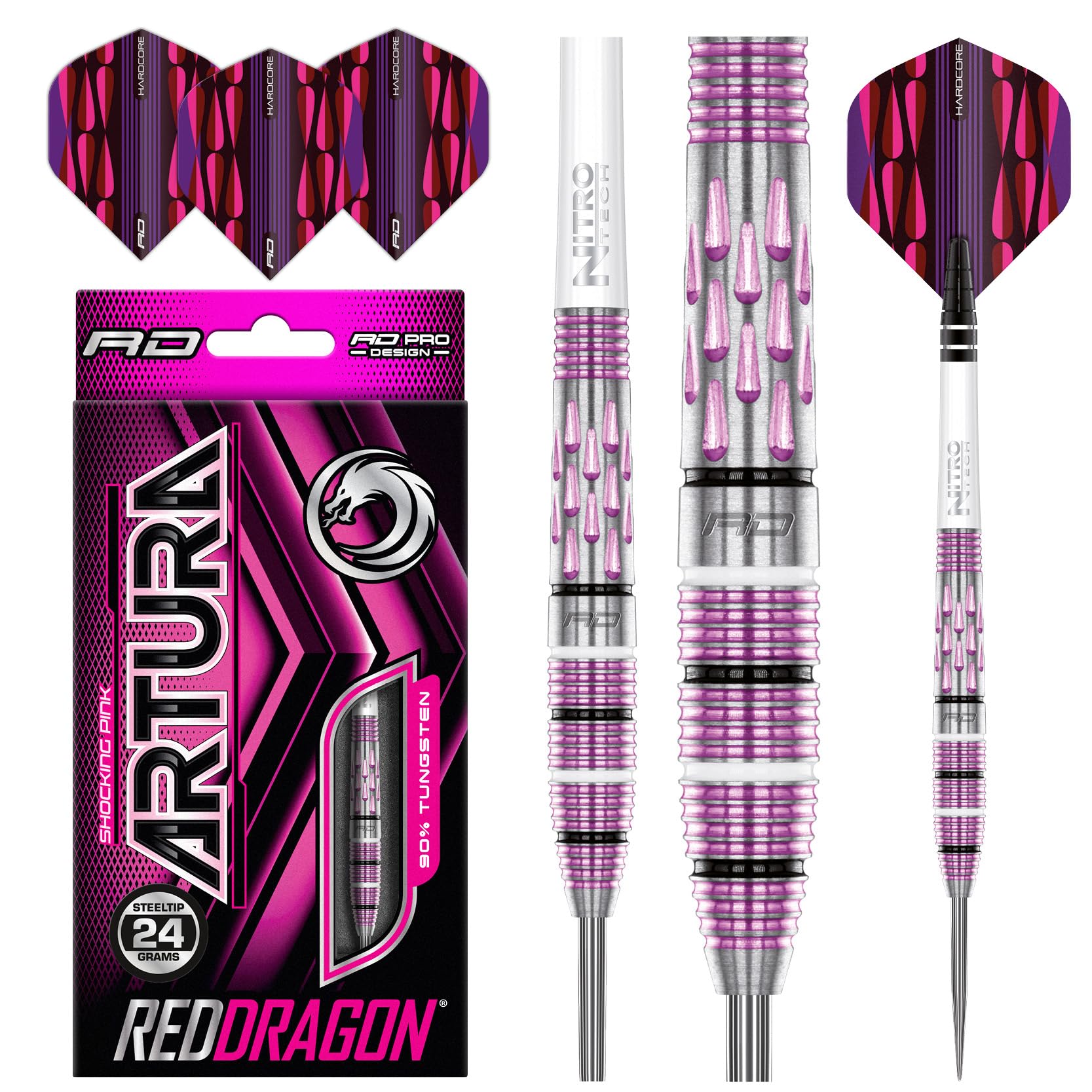 RED DRAGON Artura Shocking Rosa 24 Gramm Premium Tungsten Darts Set mit Flights und Stielen