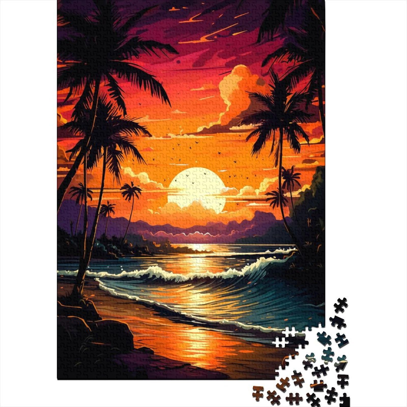 Retro-Strand-Sonnenuntergang-Holzpuzzle für Teenager-Geschenke. Schwierige, anspruchsvolle Puzzles. 1000-teiliges Holzpuzzle für Erwachsene Teenager, 75 x 50 cm