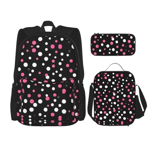 WURTON Reise-Lunchbox, Federmäppchen, Rucksack-Set, 3-teilig, verstellbare Riemen, leicht, Schwarz mit Punkten, Schwarz, Einheitsgröße