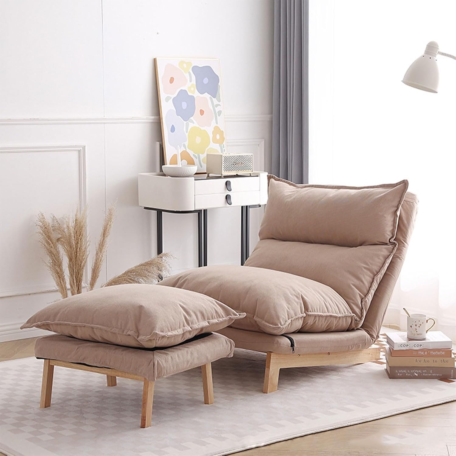 Akzentstuhl mit Ottomane, 2er-Set, Loungesessel, Wohnzimmer, bequemes Set, verstellbare Rückenlehne, Baumwoll- und Leinenmaterial, Lazy Chair mit Ottomane, Beige, Einheitsgröße