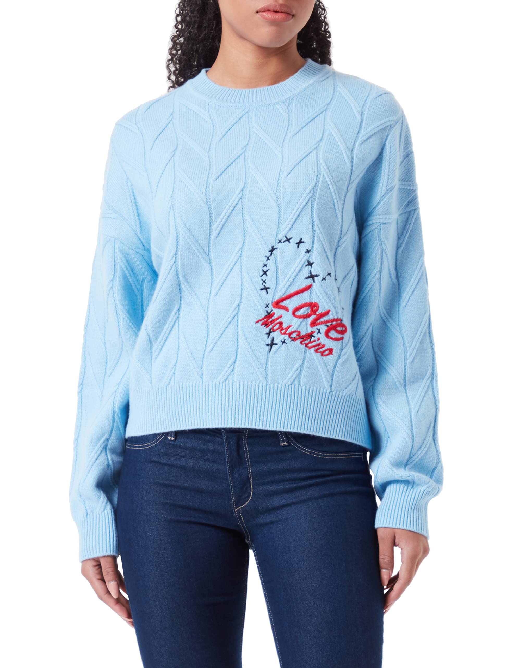 Love Moschino Women's Oversize fit Long-Sleeved Roundneck with Heart and Logo Embroidery Pullover Sweater, Light Blue, 48