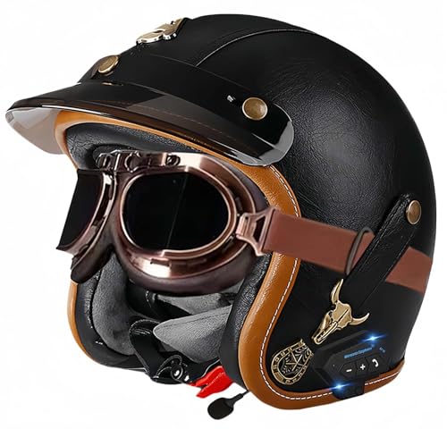 Bluetooth-Helme, Vintage-Motorrad-Halbhelm, ECE-geprüfter offener Mopedhelm mit doppelter Größenverstellung für Cruiser-Bikes, Erwachsene, Männer und Frauen F,XL61-62CM